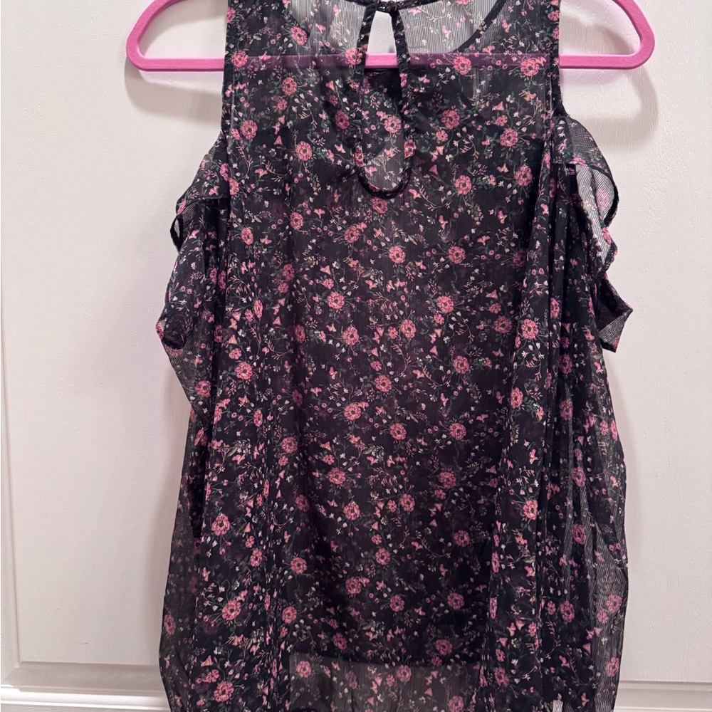 Black Sheer Floral Ruffle Camisole with Pink Flowers - Picture 4 of 4